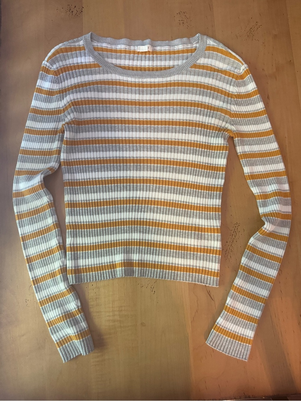 Striped Ribbed Long Sleeve Top - White & Mustard